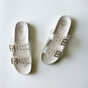 Vince Camuto White Pavey Buckled 2-Band Slide Studded Sandal